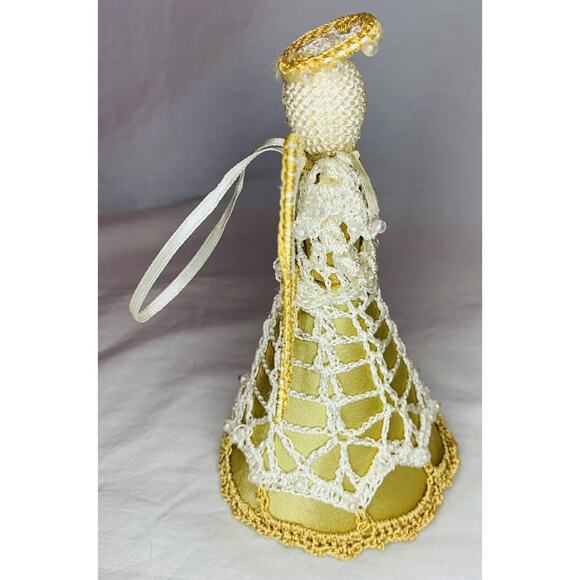 Vintage Crochet Angel Ornament Tree Topper Christmas Gold Handmade Lace 6" Decor - Picture 6 of 10
